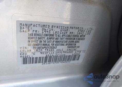 2014 Nissan Sentra Fe+ S/Fe+ Sv/S/Sl/Sr/Sv из США, поврежденный, VIN 3N1AB7AP5EY260543